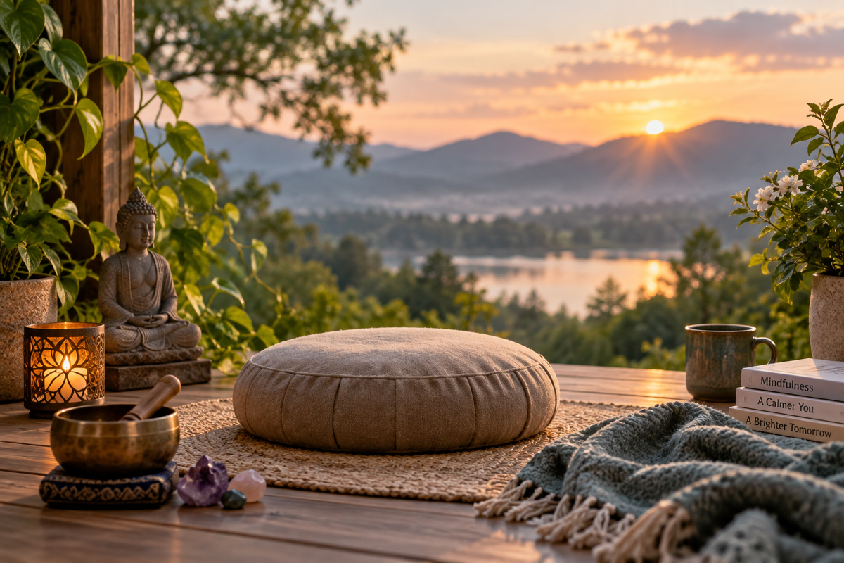 Peaceful meditation space with cushion, singing bowl and mountain sunset