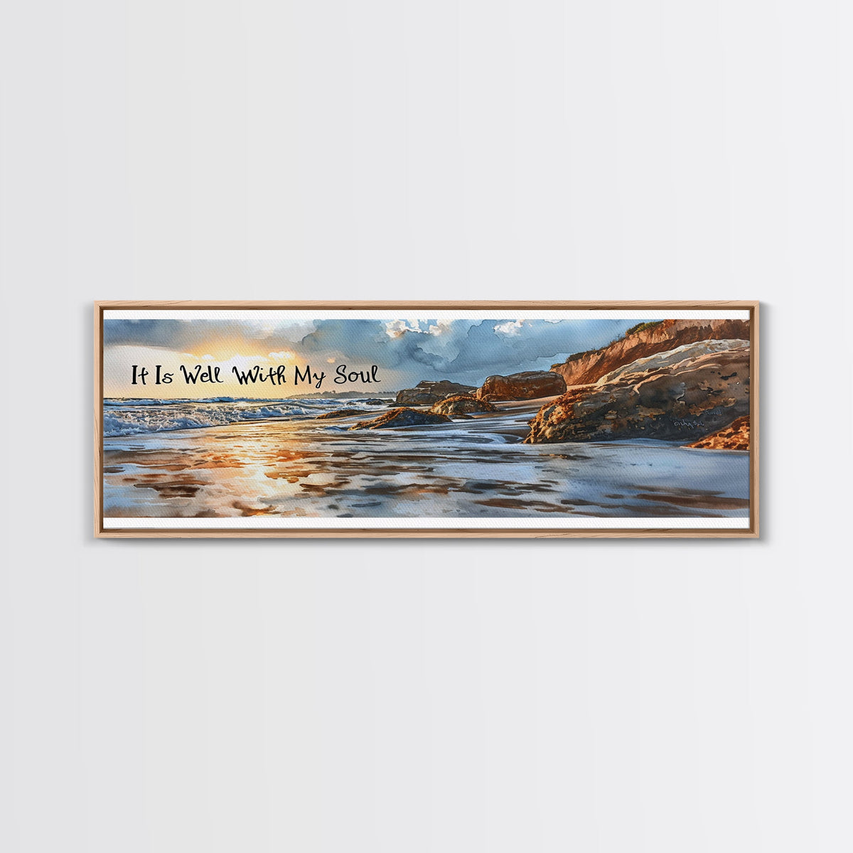 Framed artwork of a beach scene with text 'It Is Well With My Soul' on a light gray background.