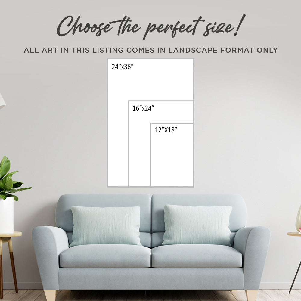 Wall art size chart above a light gray sofa with decorative pillows.