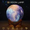 3D moon lamp with a wooden stand on a dark background
