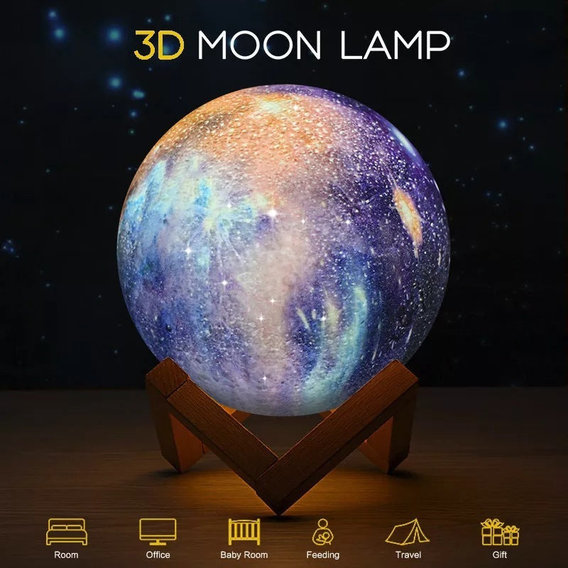 3D moon lamp with a wooden stand on a dark background