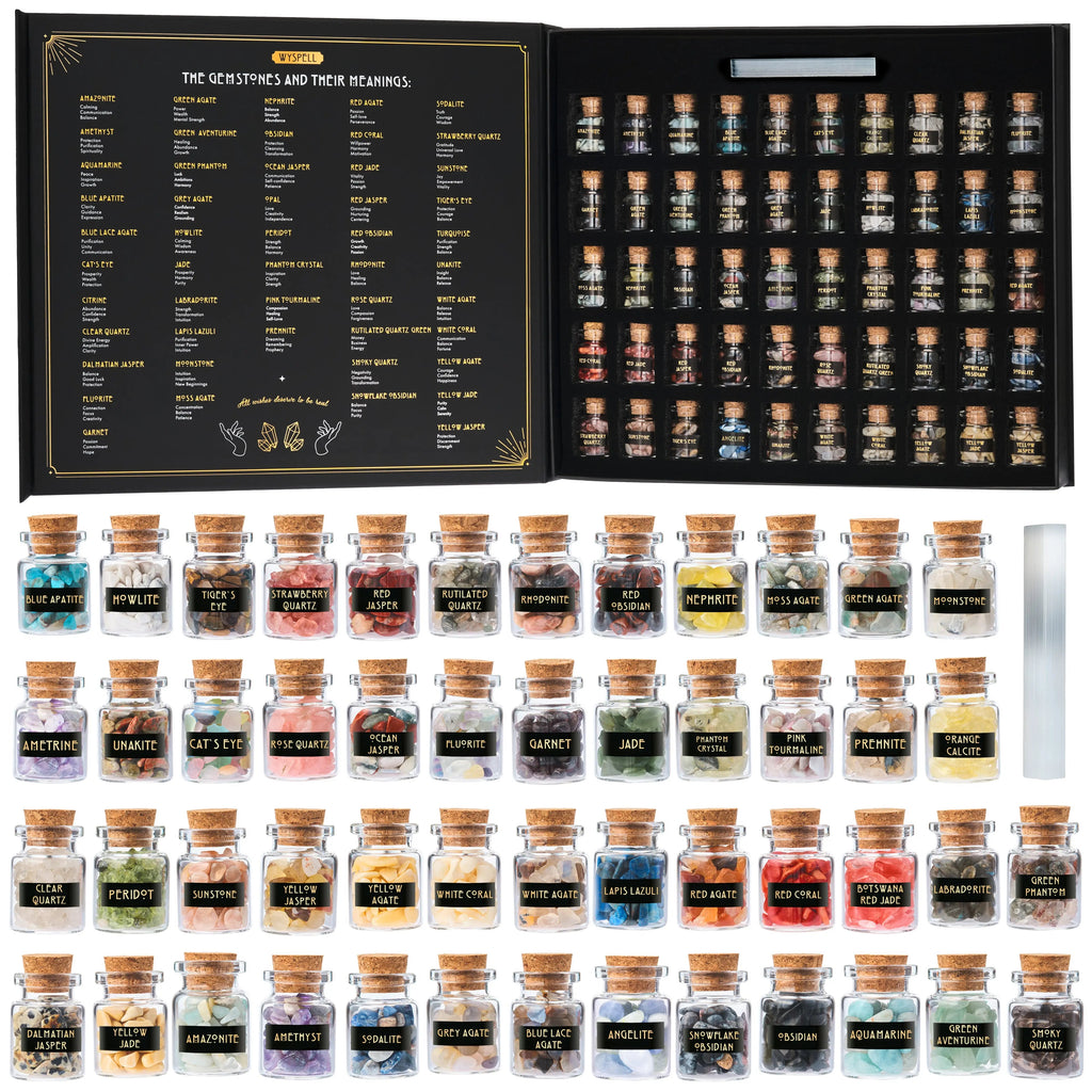50 PCS Gemstone Kit featuring fifty small corked glass bottles filled with various polished healing crystals, accompanied by a reference guide labeling each stone and its properties.