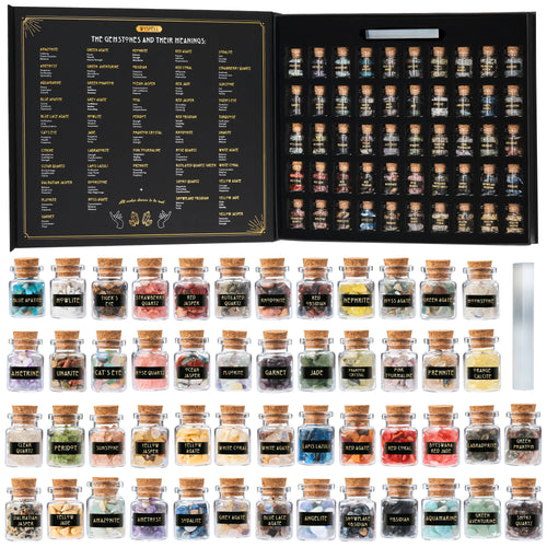 50 PCS Gemstone Kit featuring fifty small corked glass bottles filled with various polished healing crystals, accompanied by a reference guide labeling each stone and its properties.