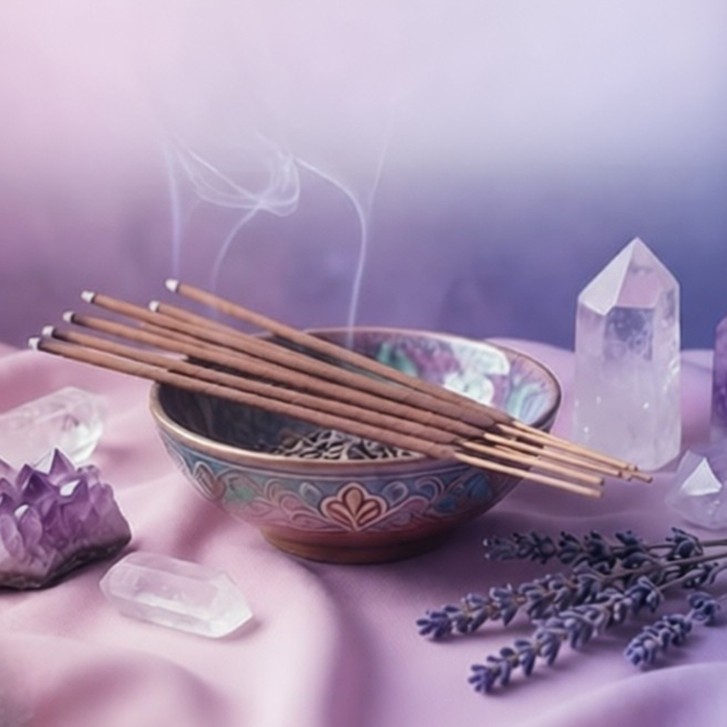 Six lit incense sticks lying across a small bowl next to some crystals.