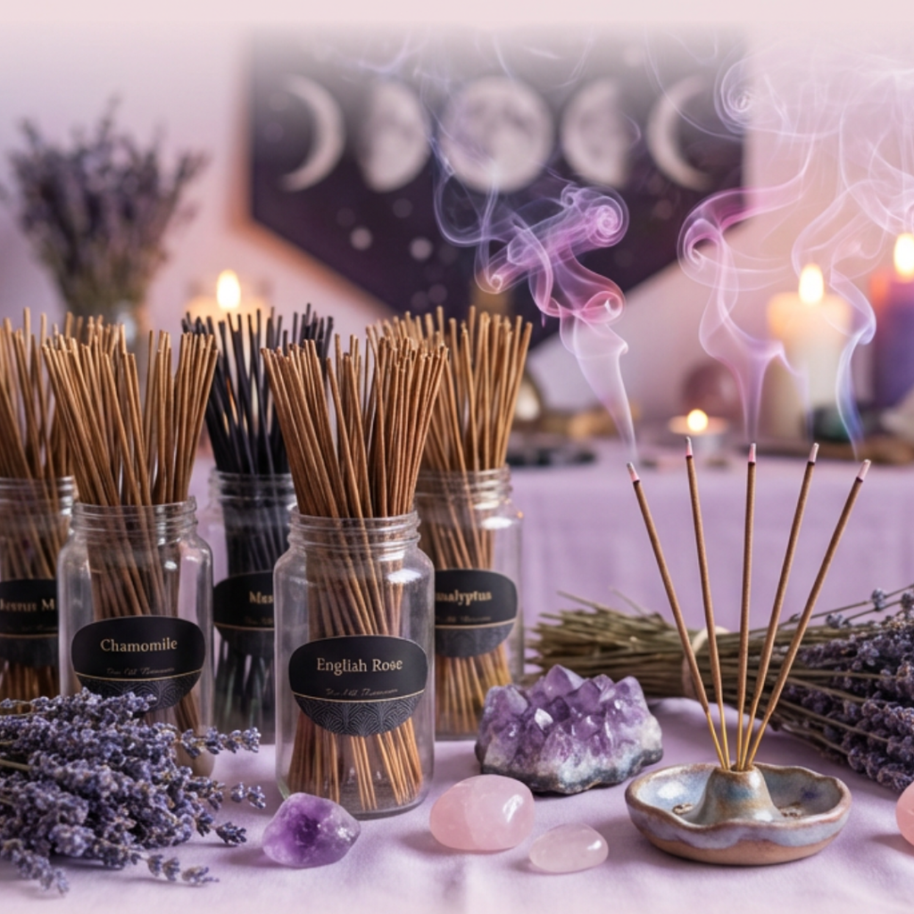 Jars of incense sticks and 4 sticks burning in a holder.