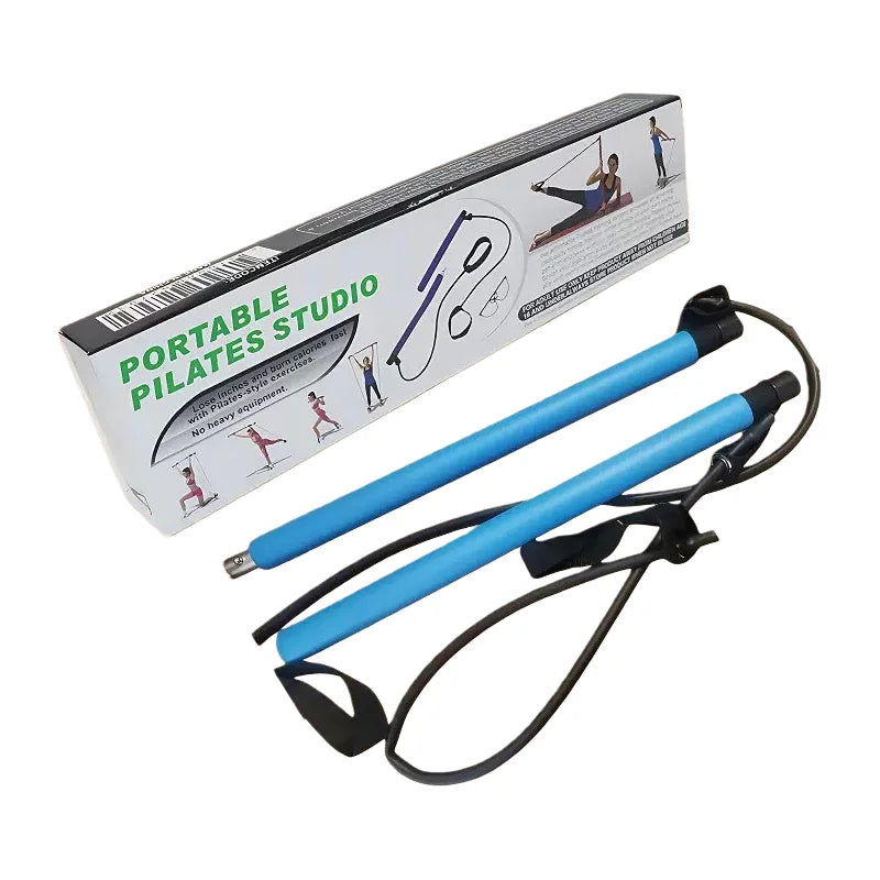 Portable Pilates studio resistance band set with two blue handles, black cords, and a white and black retail box labeled 'PORTABLE PILATES STUDIO' on a white background.