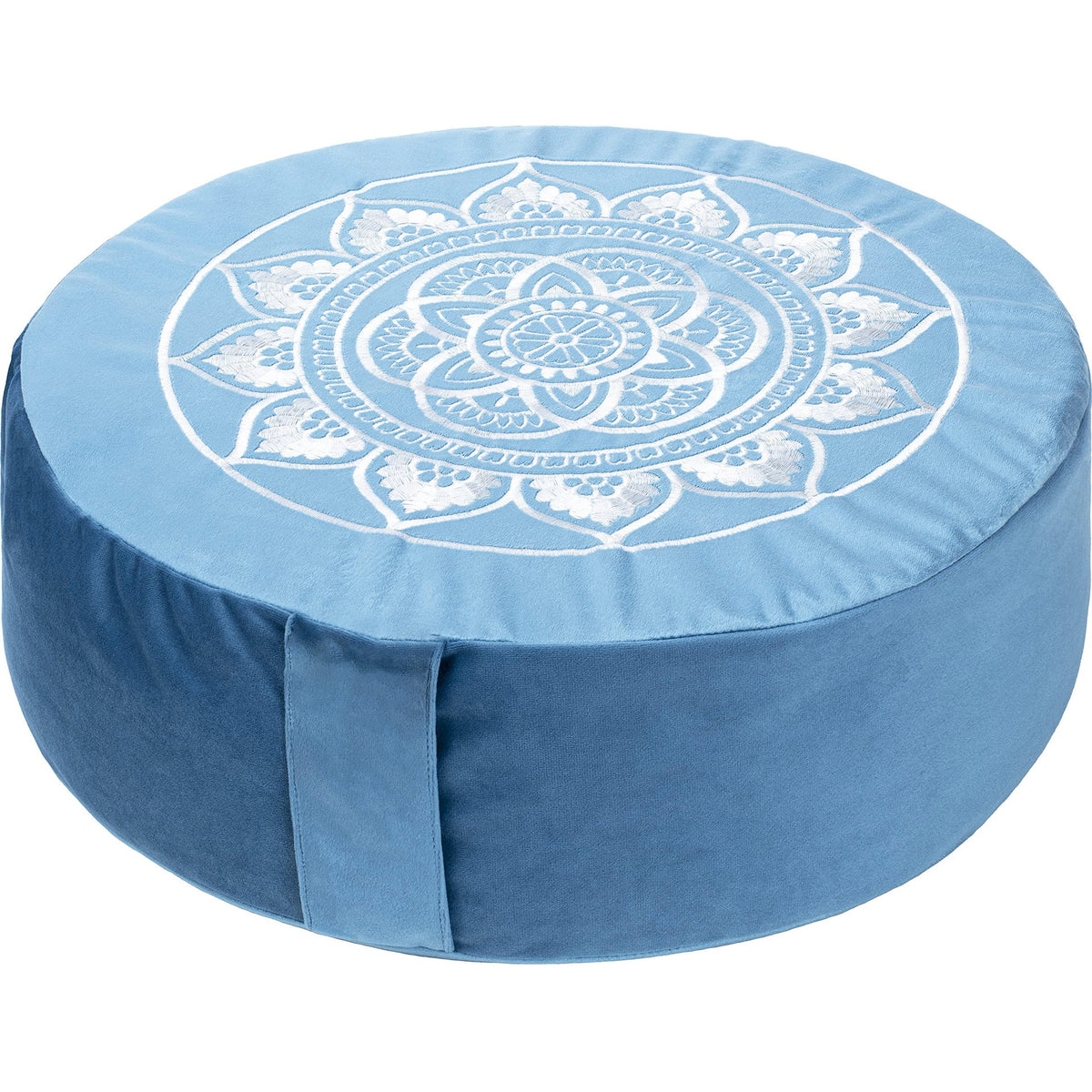 Blue meditation cushion with white mandala design on a white background