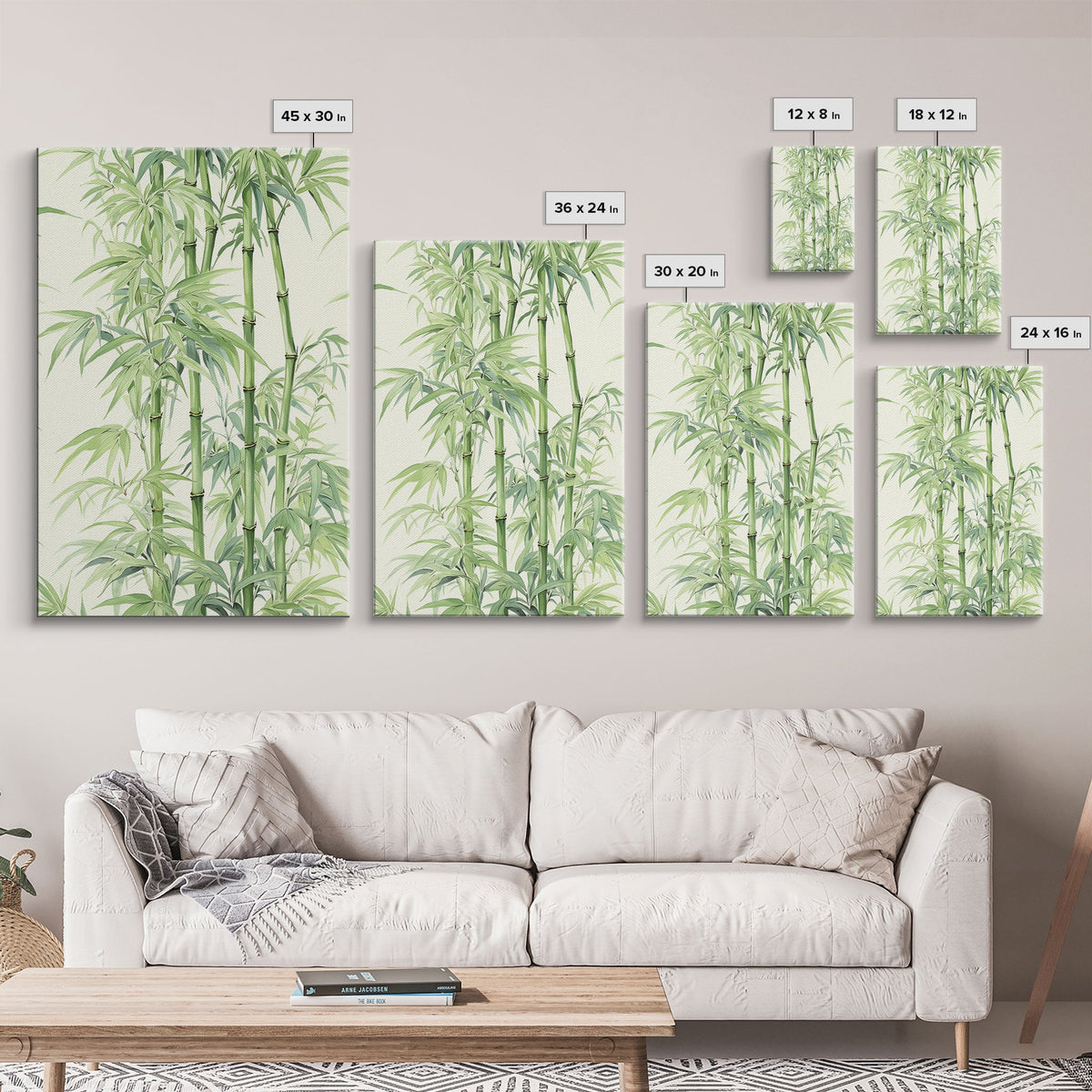 Set of bamboo-themed wall art prints displayed on a wall above a sofa.