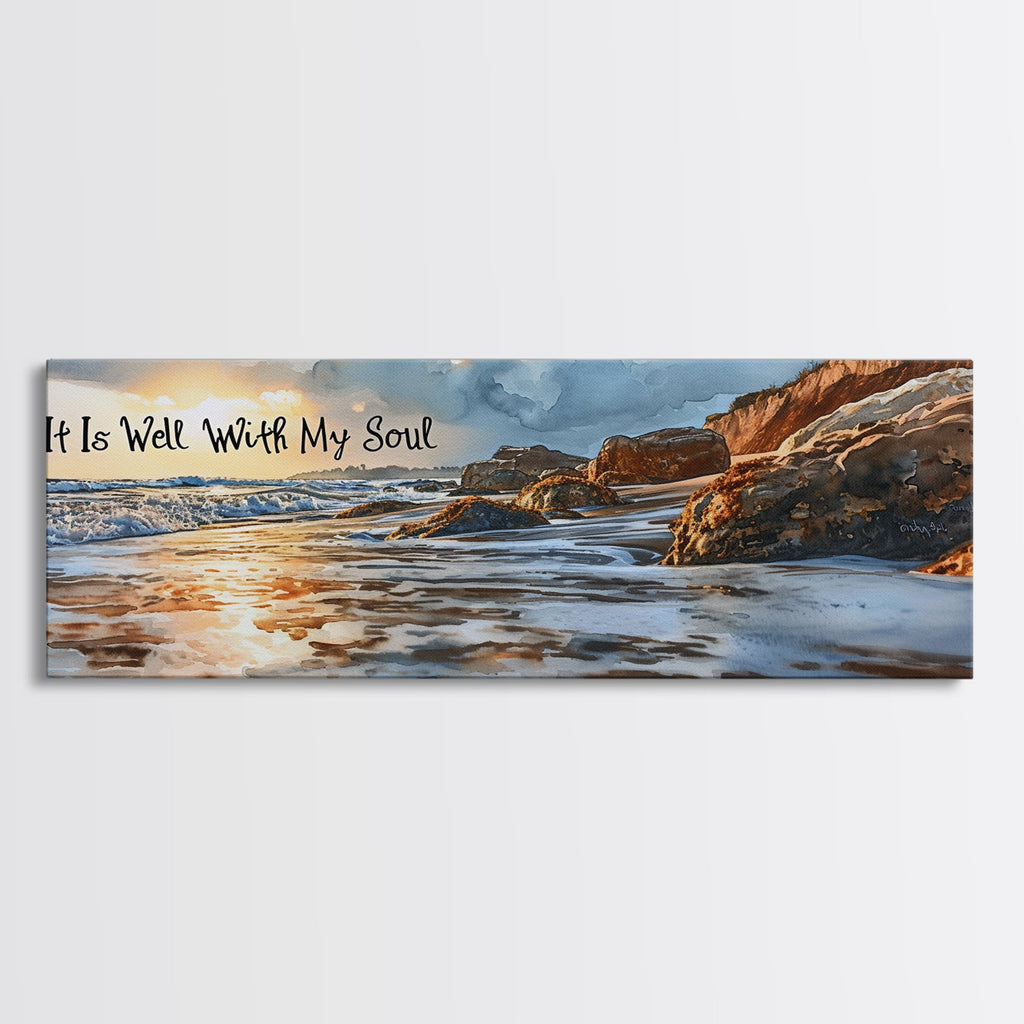 Panoramic beach scene with 'It Is Well With My Soul' text on a white background