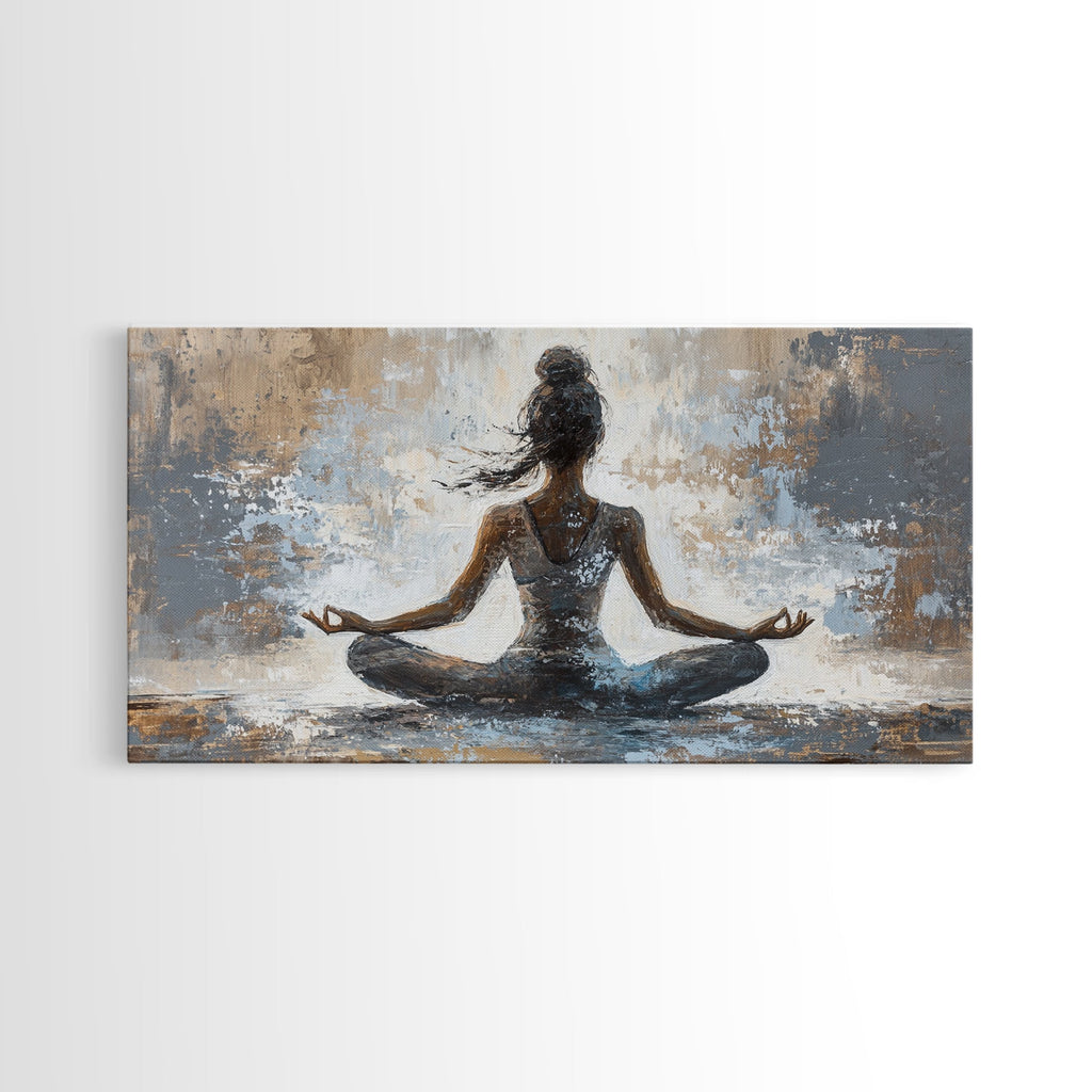A rectangular wall art print or canvas showing an abstract painting of a seated figure with back turned, rendered in muted blue, gray, beige, and brown tones, displayed against a light gray wall.