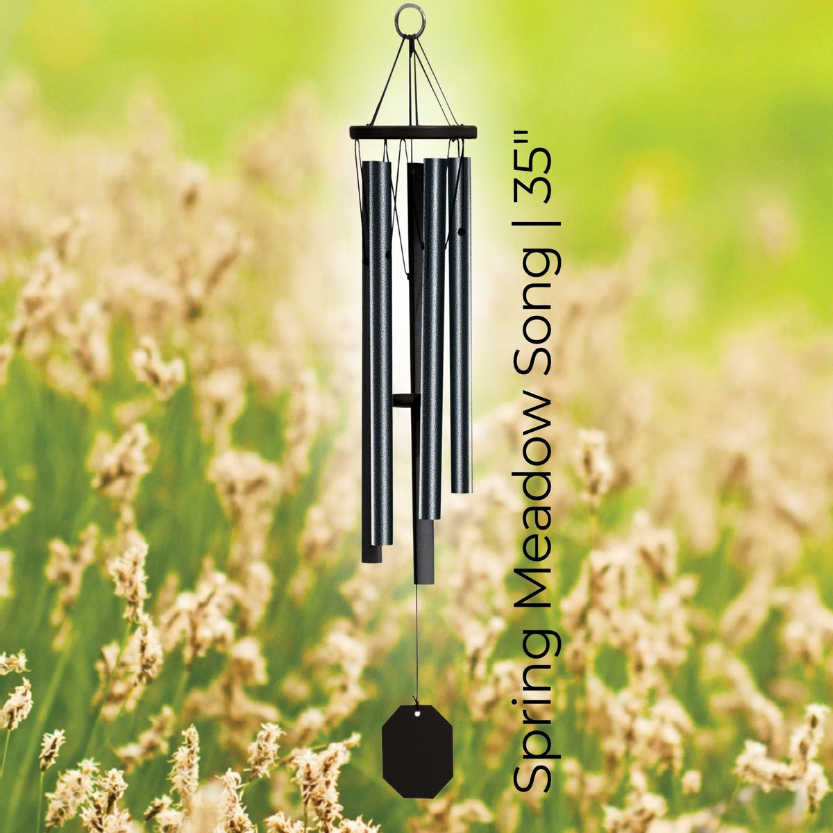 Wind chime labeled 'Spring Meadow Song' against a blurred natural background