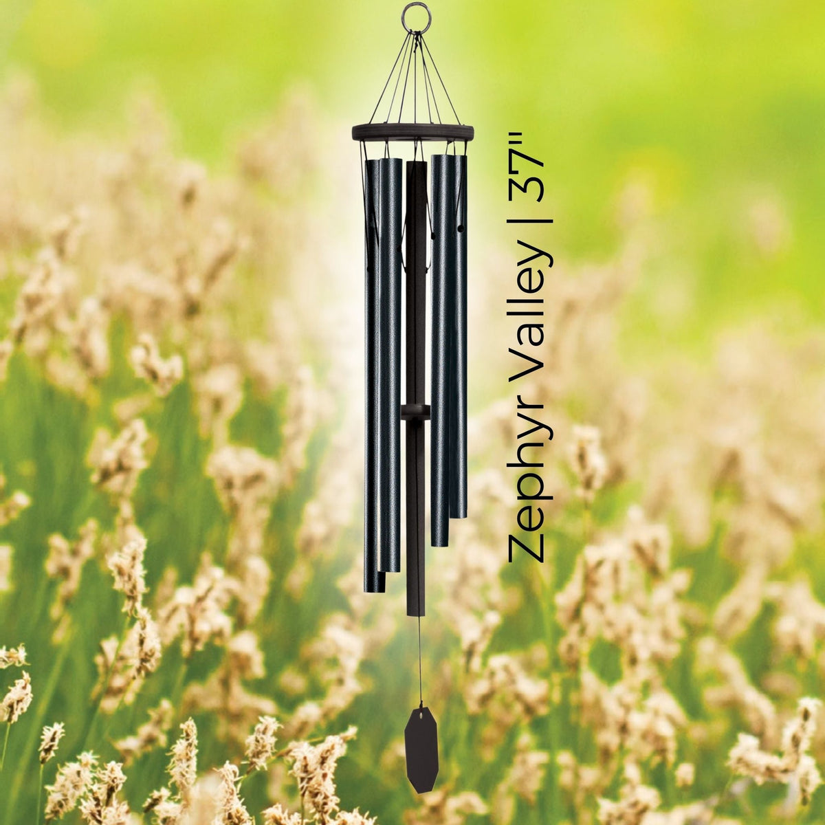Black wind chime with 'Zephyr Valley' text against a blurred natural background