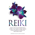 Book cover with Reiki text and purple flowers on a white background