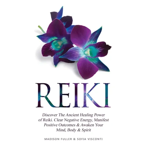 Book cover with Reiki text and purple flowers on a white background