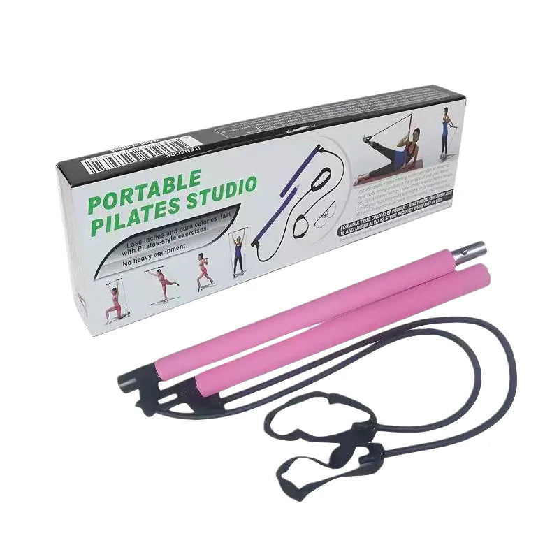 Pink and black portable Pilates reformer rod set with its white and black retail packaging box, displayed on a clean white background.
