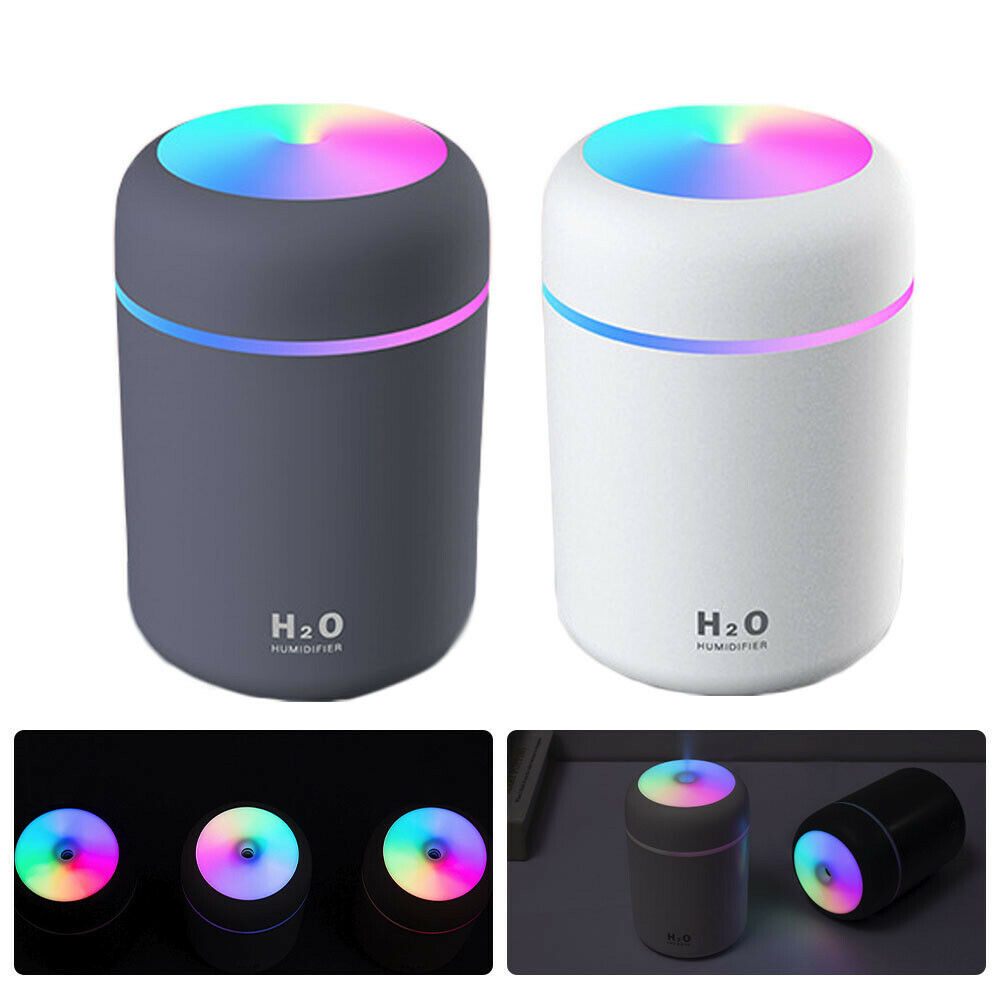 Two H2O humidifiers, one gray and one white, with colorful LED lights on a white background.