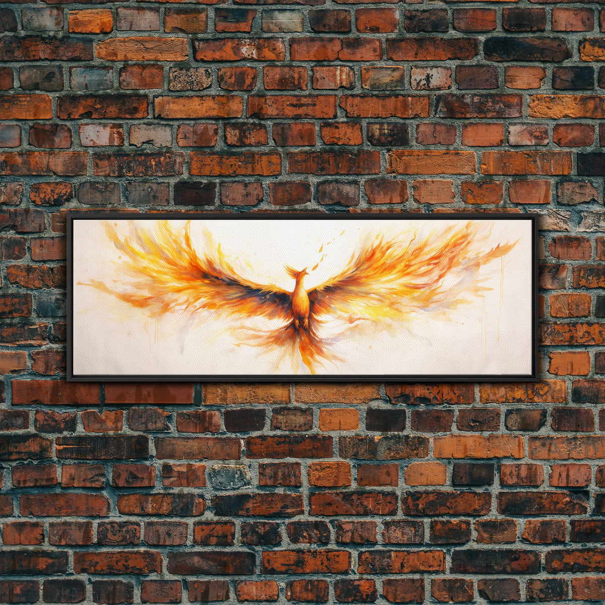 Framed abstract art of a phoenix on a brick wall