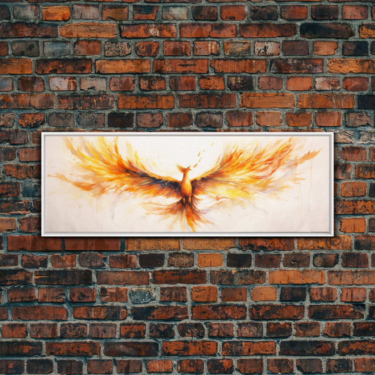 Framed abstract art of a phoenix on a brick wall