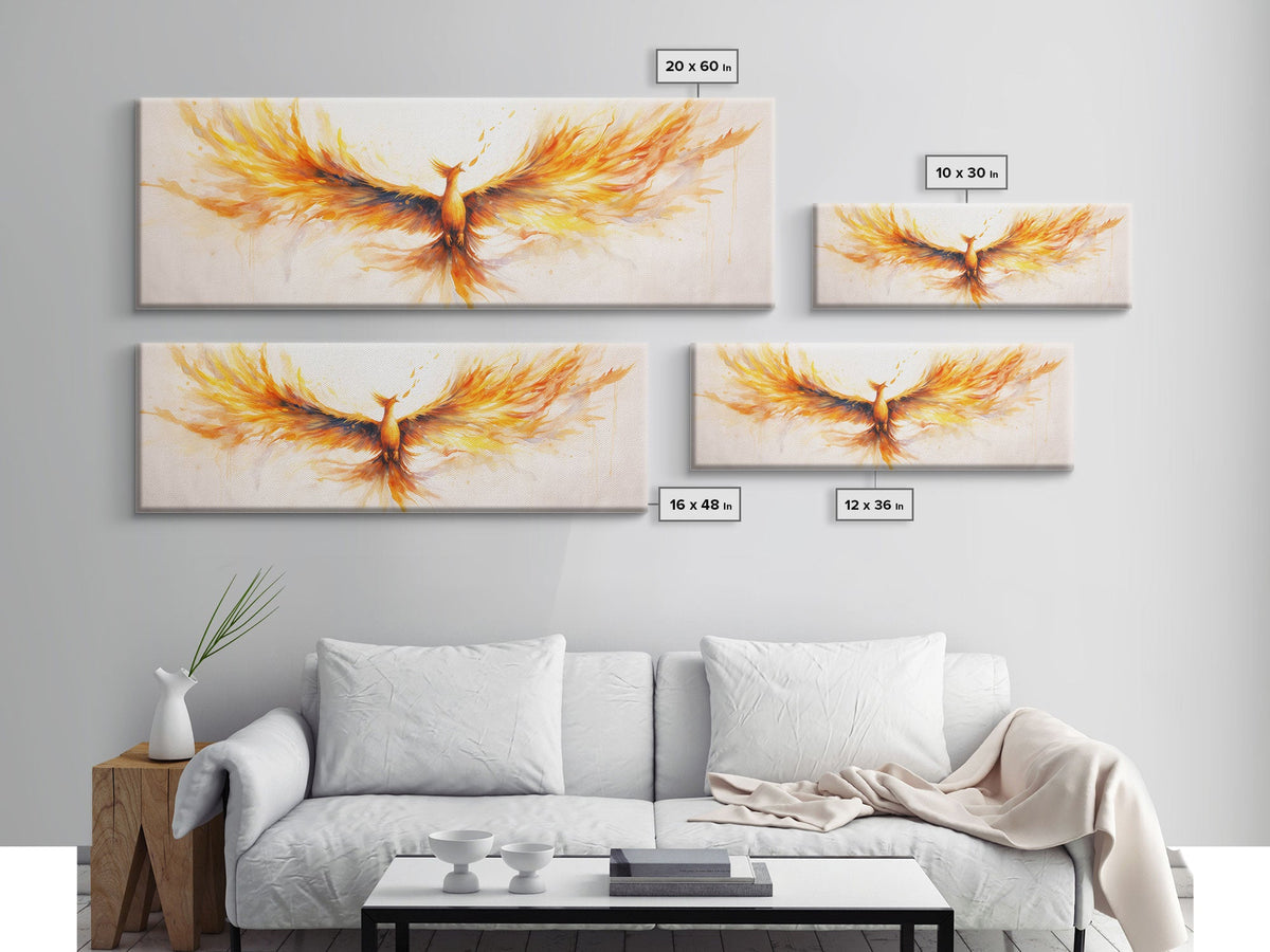 Set of phoenix paintings on a wall above a sofa