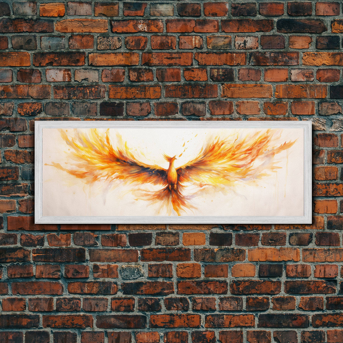 Framed abstract art of a phoenix on a brick wall
