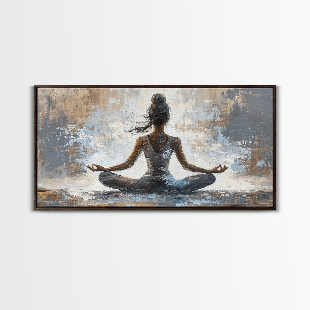 Framed artwork of a woman in a meditative pose on a textured background