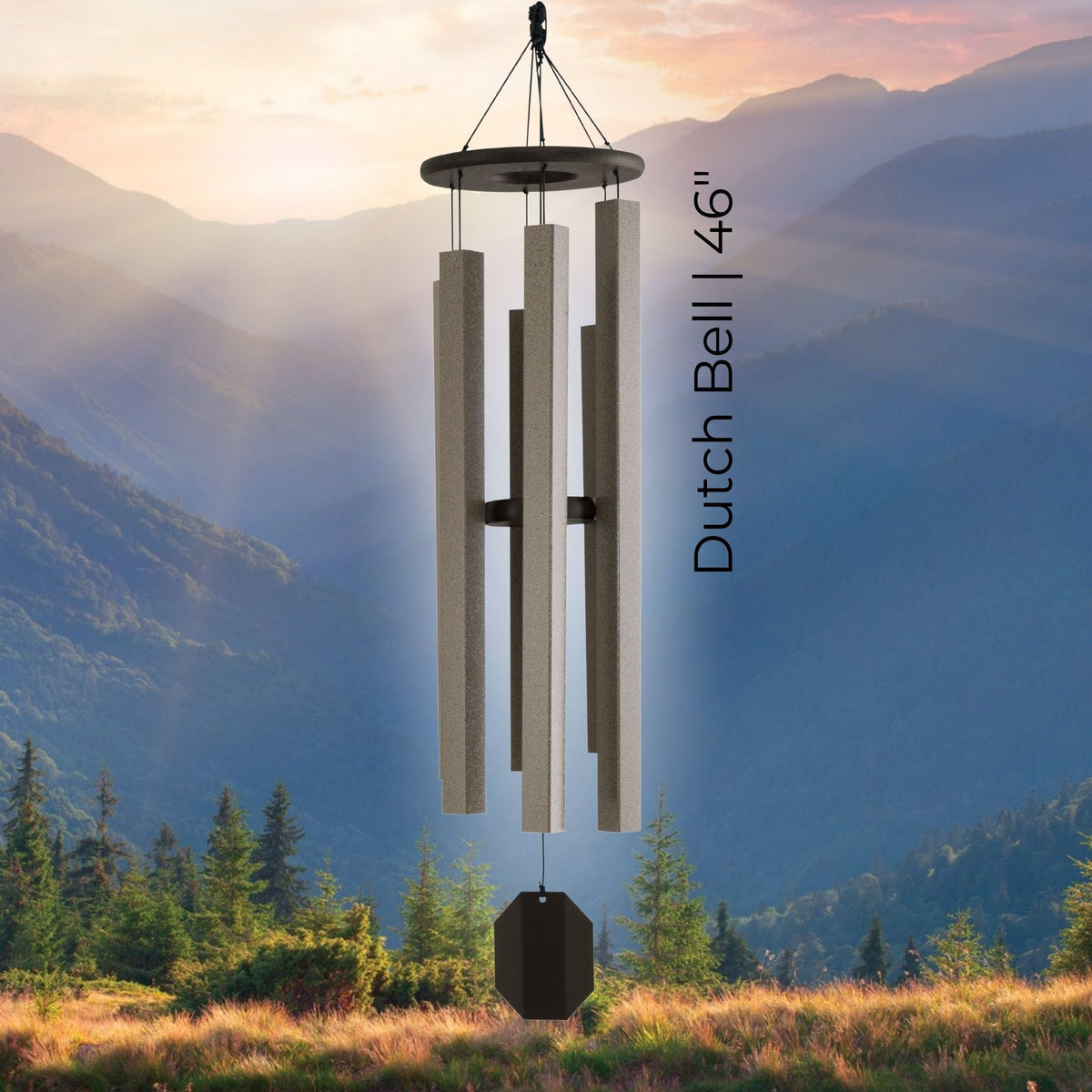 Wind chime with 'Dutch Bell' text against a mountainous landscape