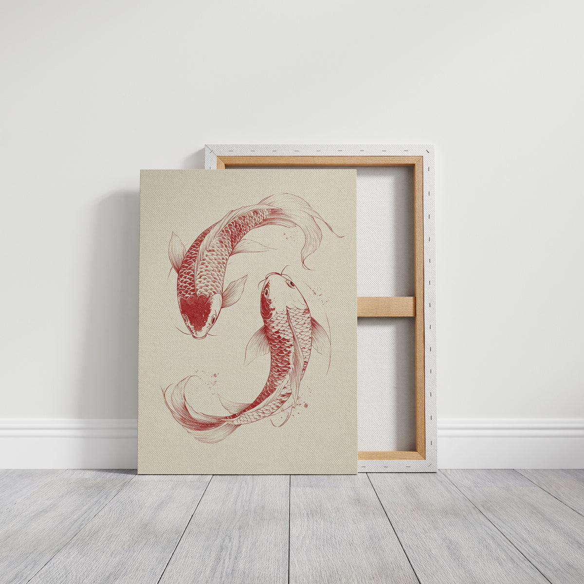 Framed artwork of two red koi fish on a beige background