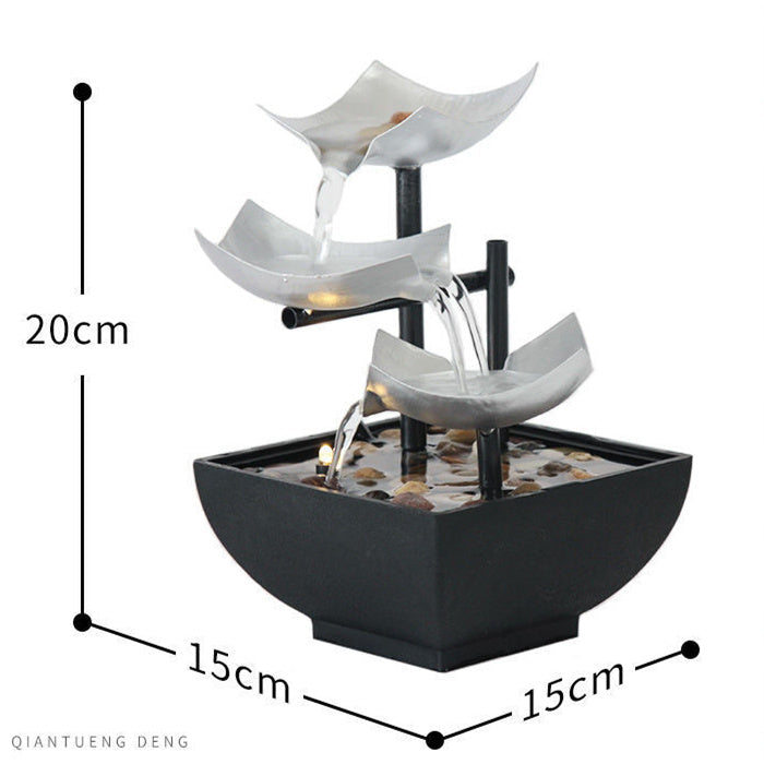 Decorative indoor water fountain with tiered bowls and measurements on a white background