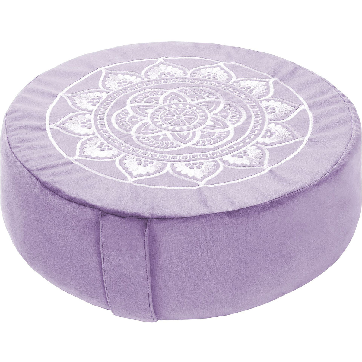 Round lavender meditation pillow with white mandala design on a white background