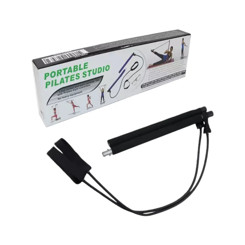 Portable Pilates studio resistance band set with a black foam handle, black handles, and black elastic bands, shown in front of its white and black retail packaging box.