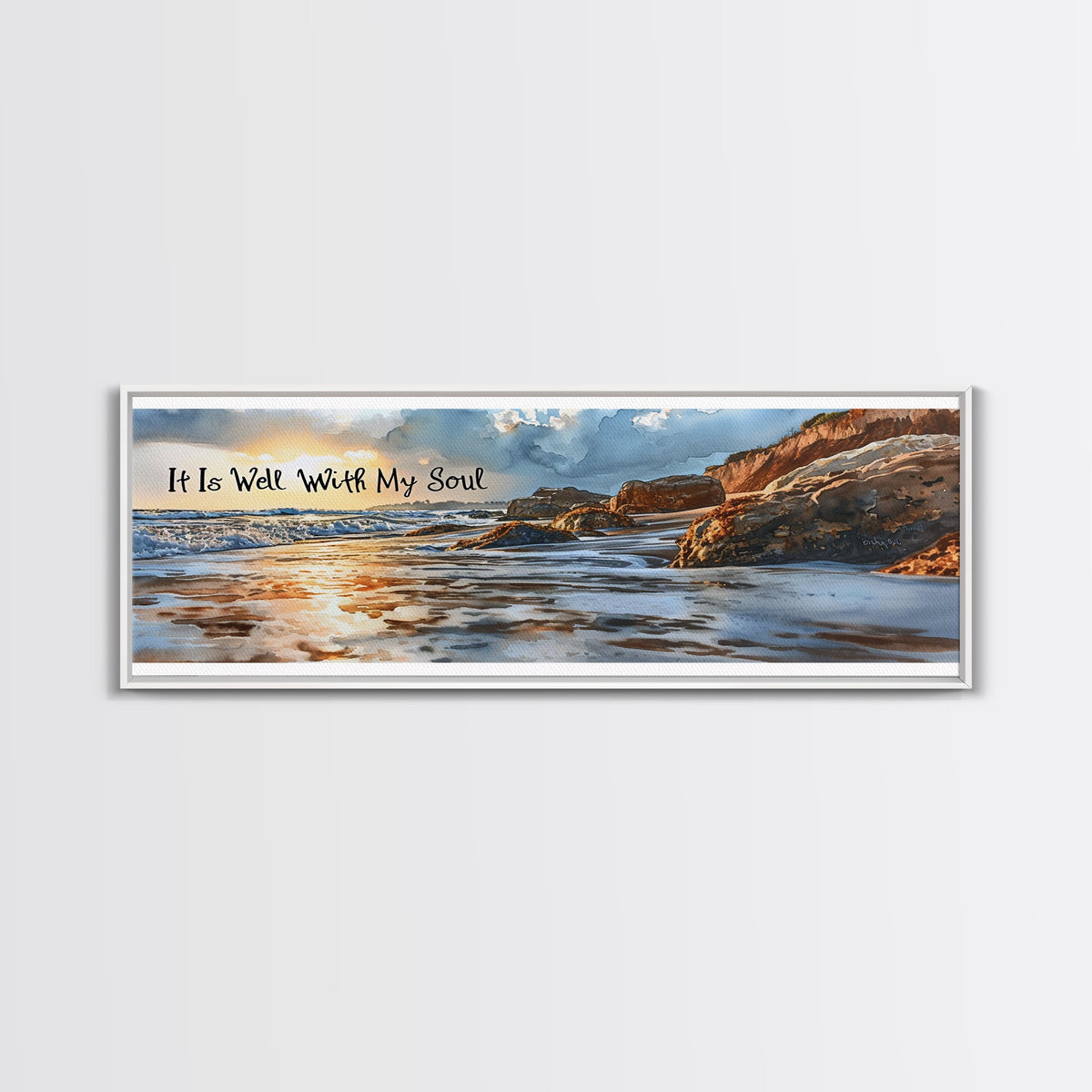 Framed artwork of a beach scene with text 'It Is Well With My Soul' on a light gray background.