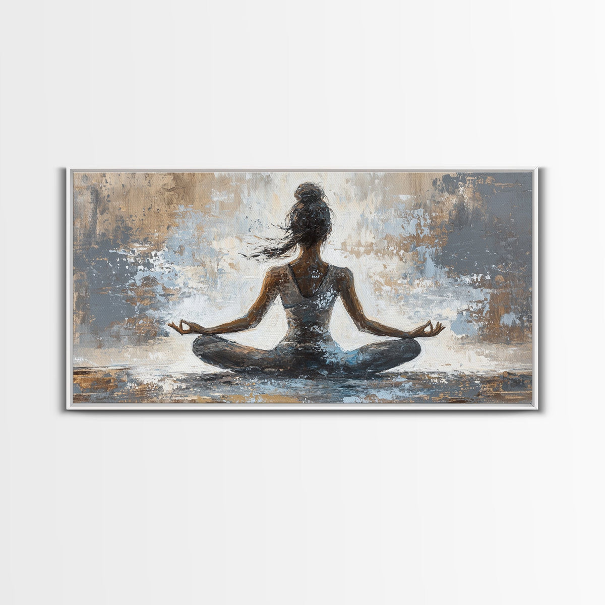 Painting of a woman in a meditative pose on a textured background