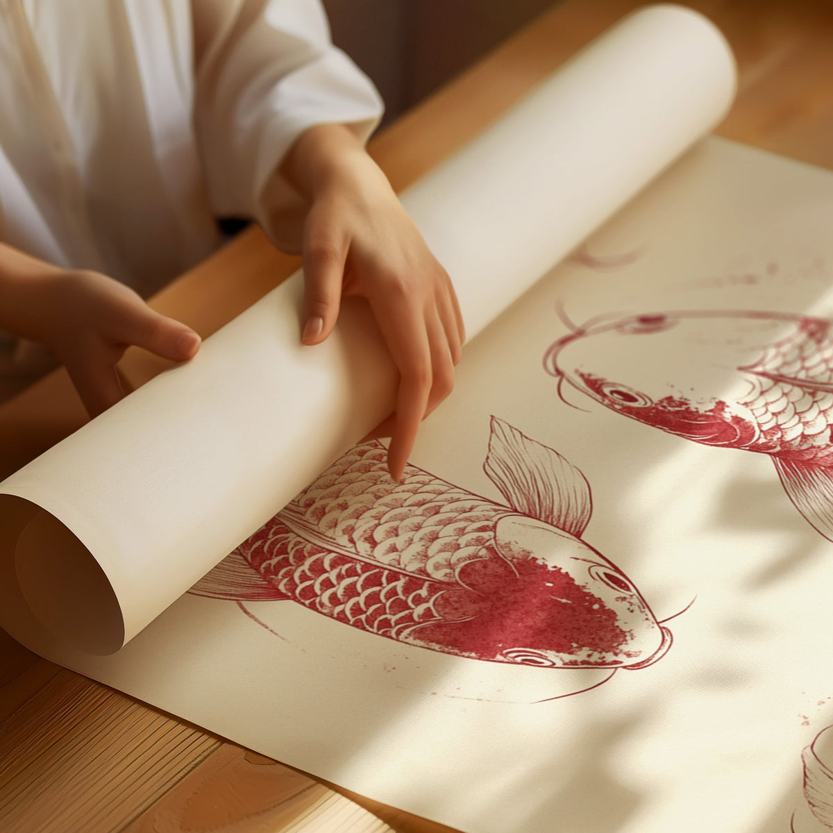 Person unrolling a scroll with red koi fish artwork on a wooden table.