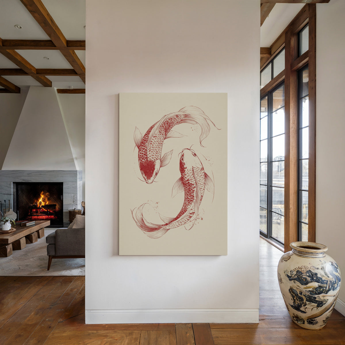 Modern living room with a fireplace and artwork of two koi fish on a wall.