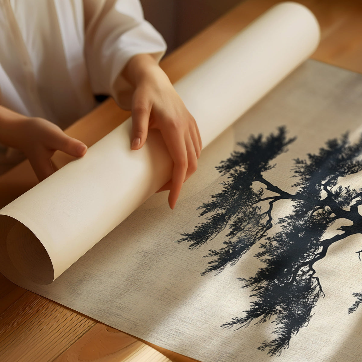 Person unrolling a scroll with a tree design on a wooden surface