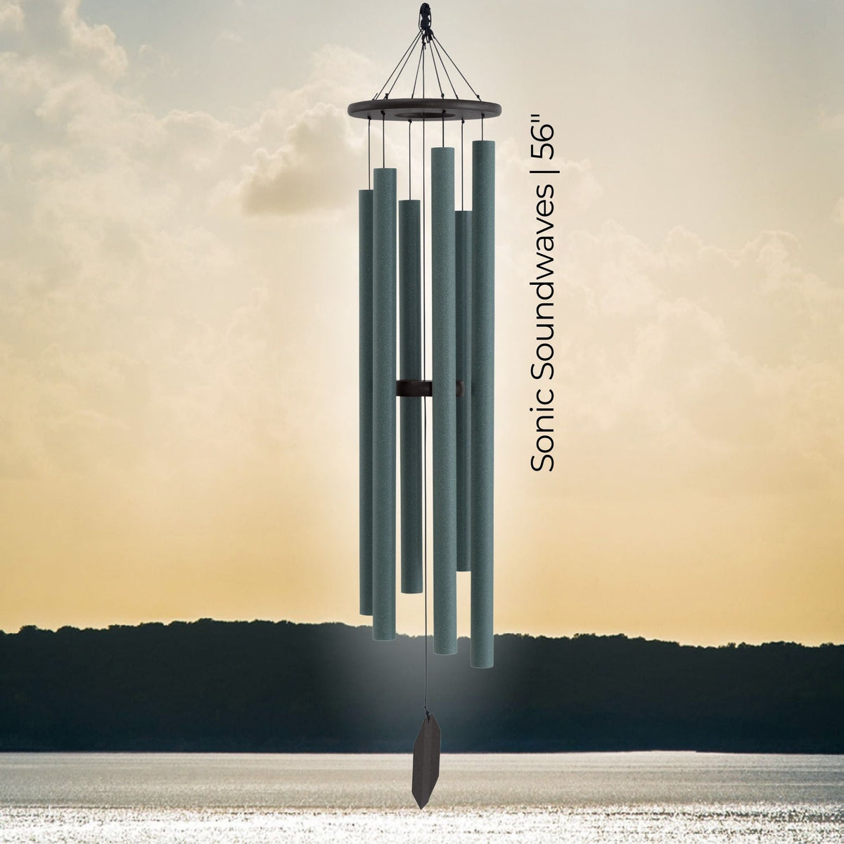 Solar-powered wind chime with the text displayed in black text.