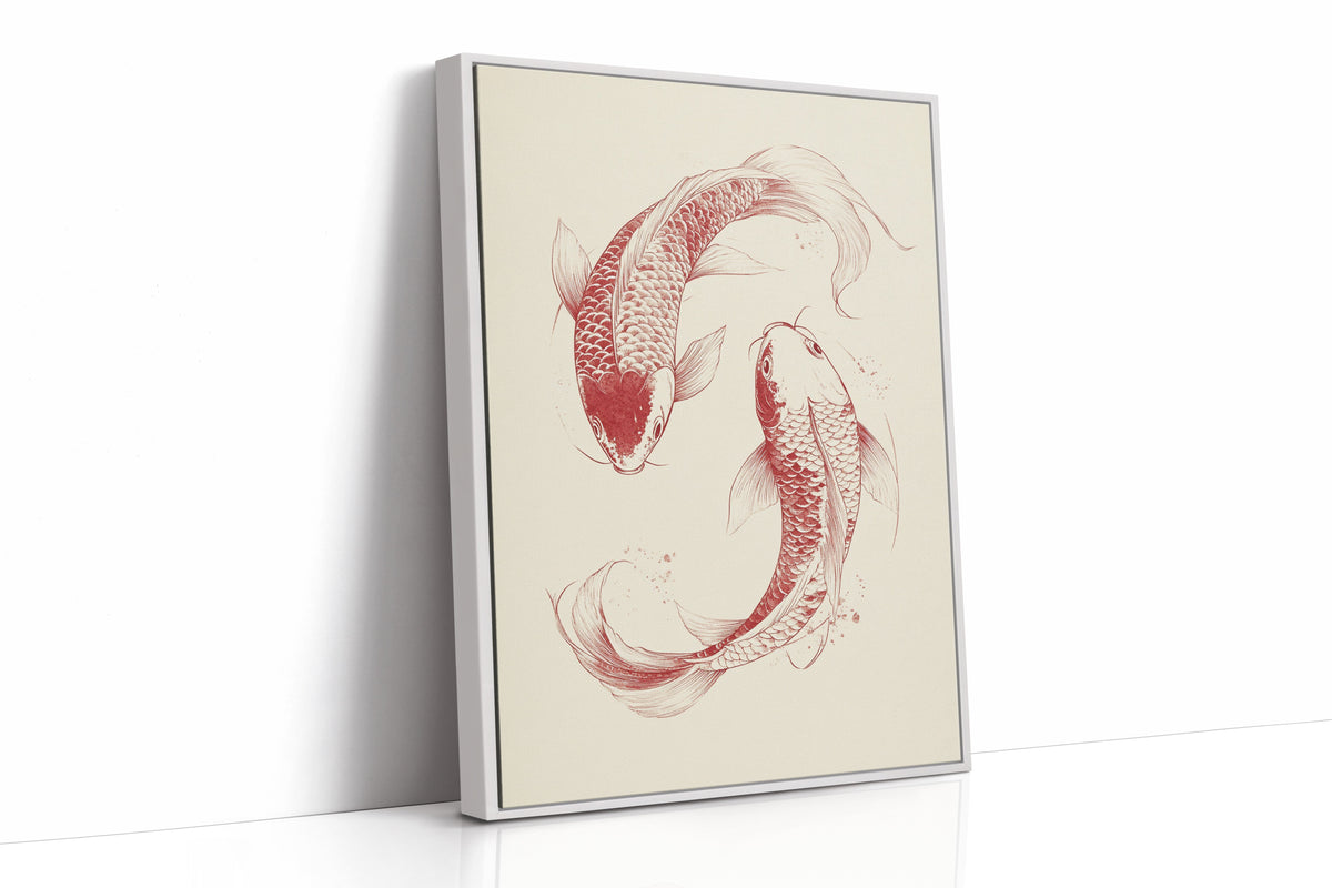 Framed artwork of two stylized fish on a beige background