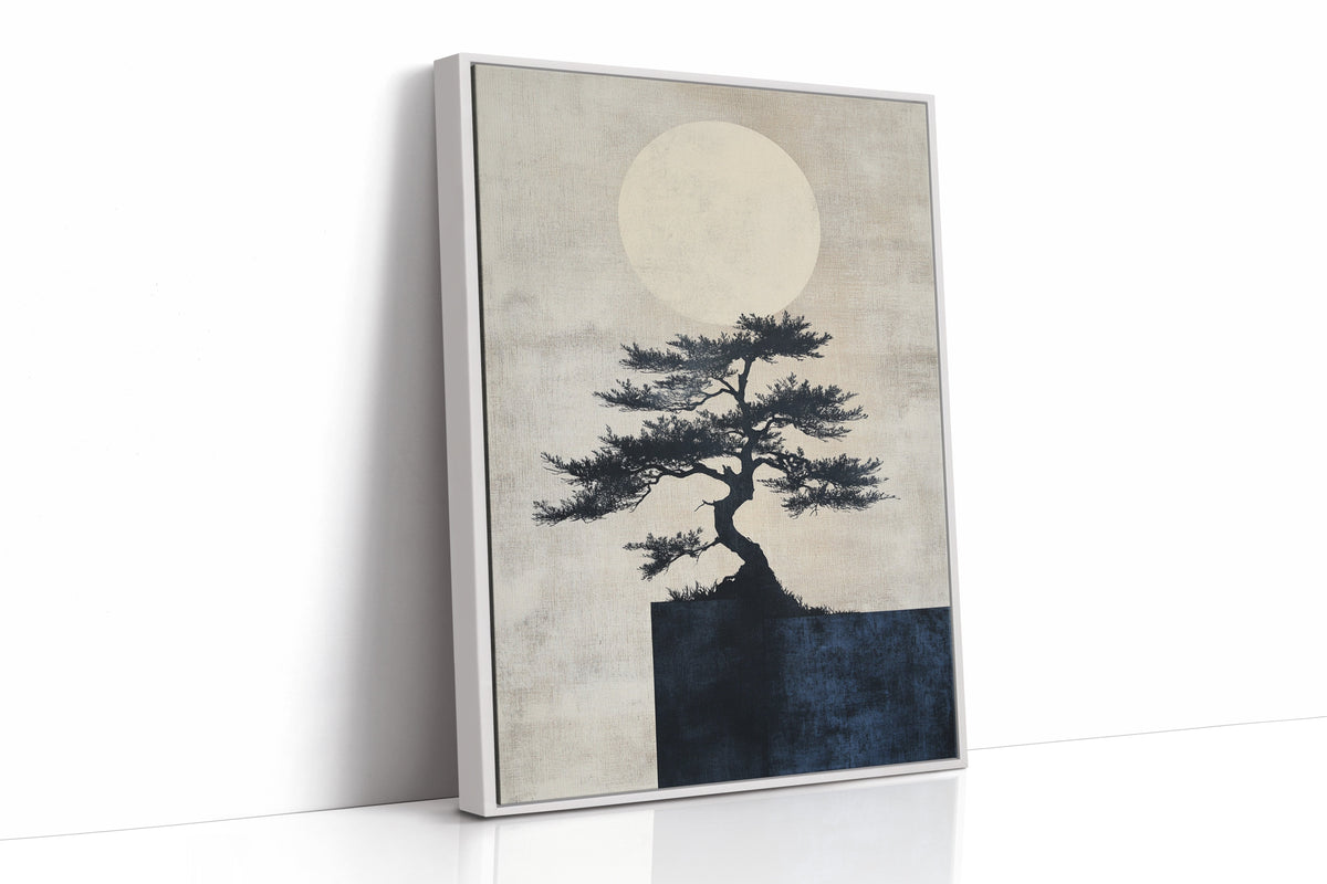 Canvas print of a tree silhouette against a moonlit sky on a white wall.