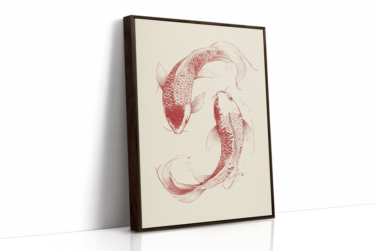 Framed artwork of two stylized fish on a beige background