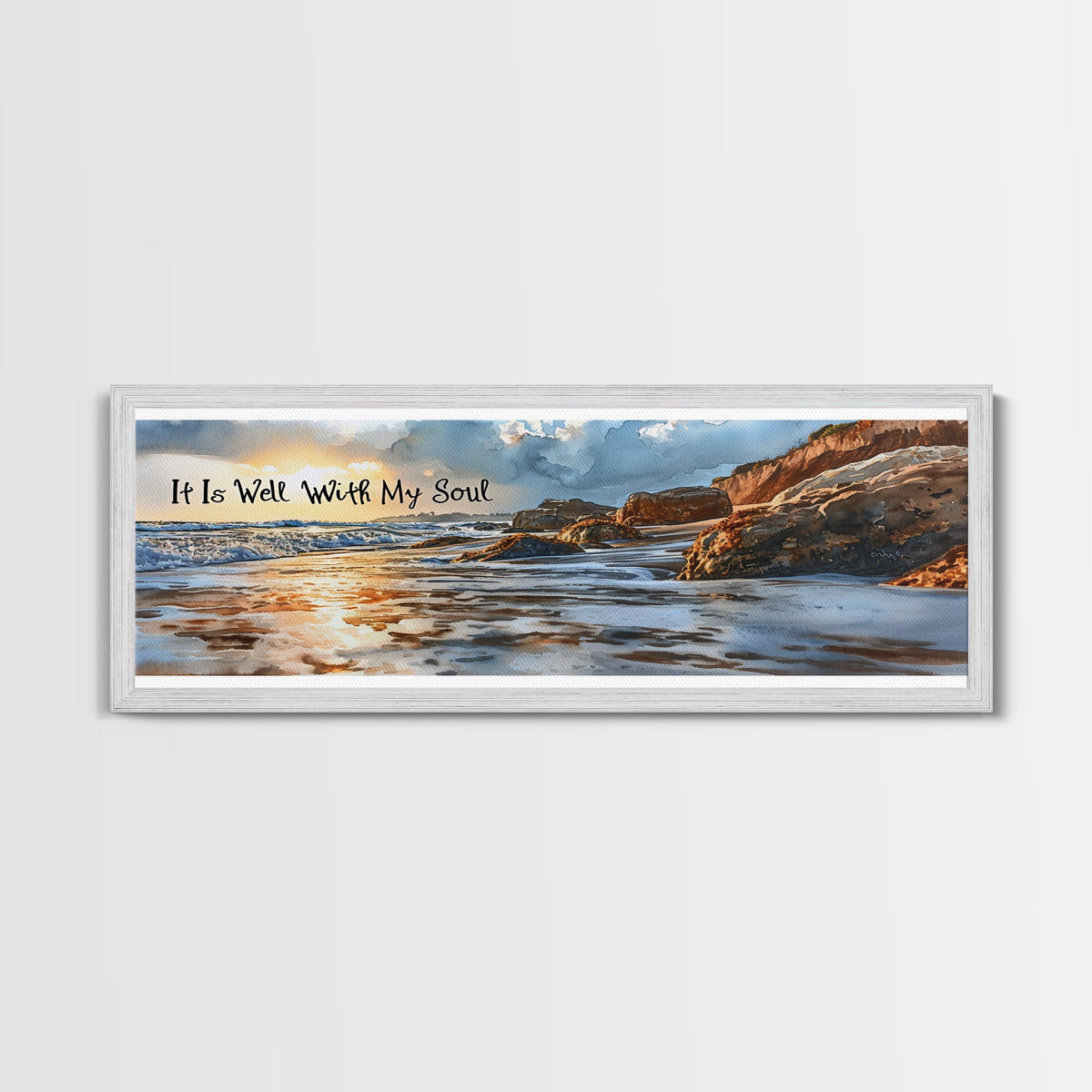 Framed artwork of a beach scene with text 'It Is Well With My Soul' on a white background