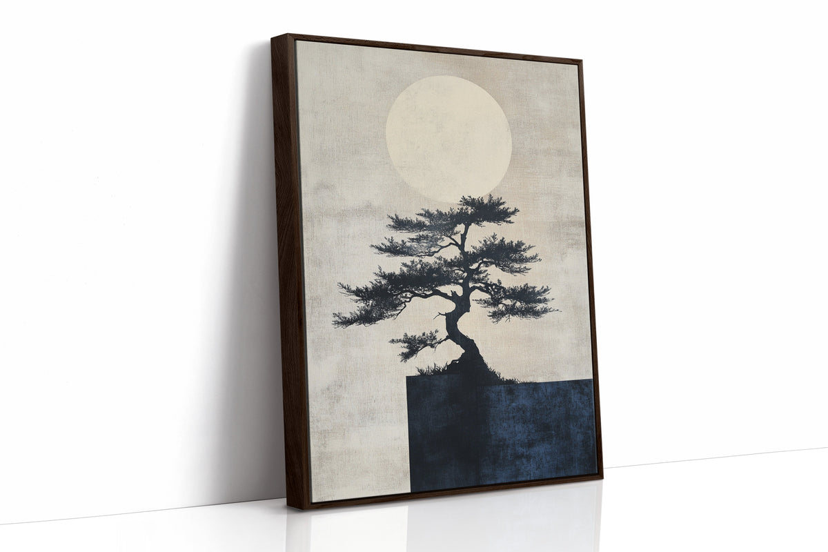 Framed artwork of a tree silhouette against a moonlit sky on a white background