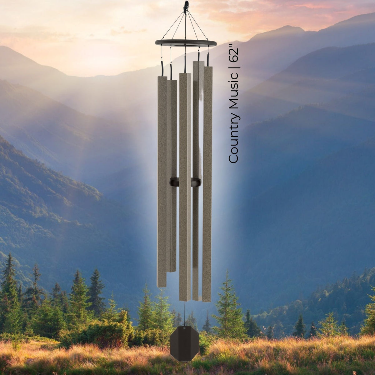 Wind chime with 'Country Music 62' text against a mountainous landscape