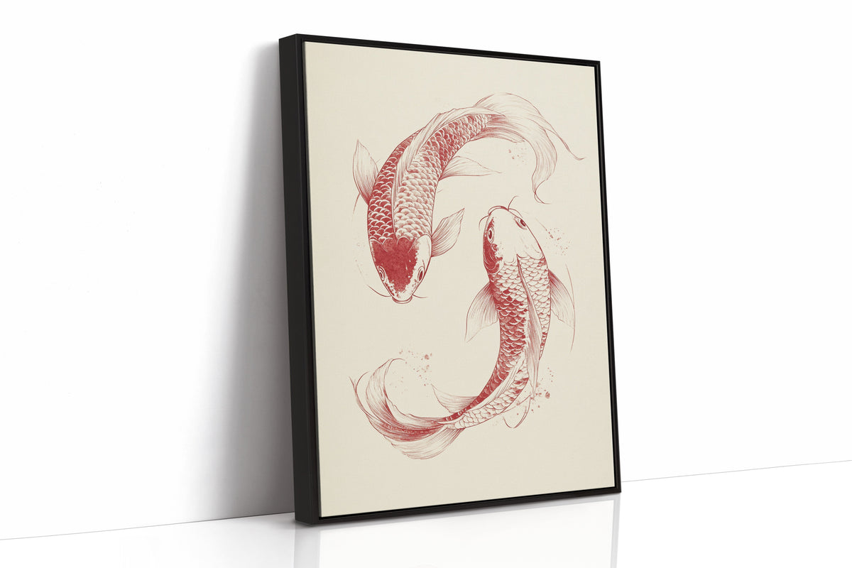 Framed artwork of two stylized fish on a beige background