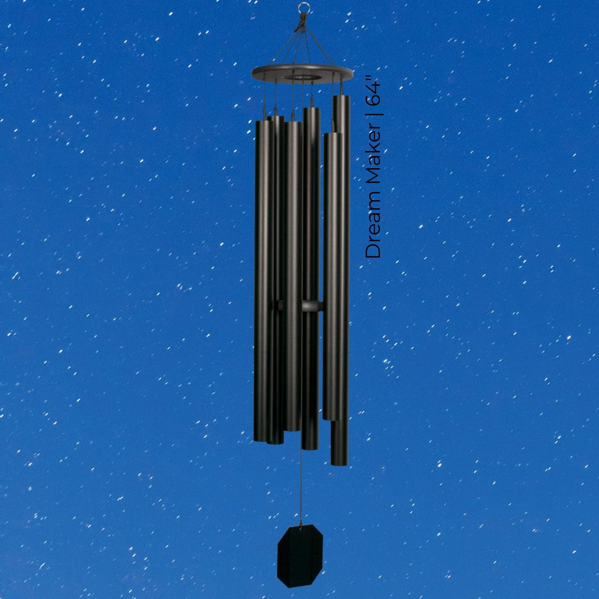 Black wind chime against a blue sky with star-like dots