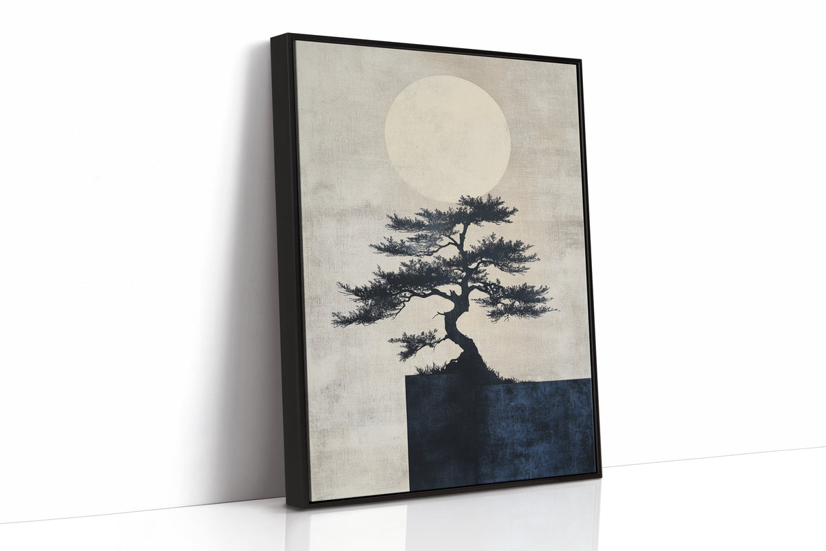 Framed artwork of a tree silhouette against a moonlit sky on a white background