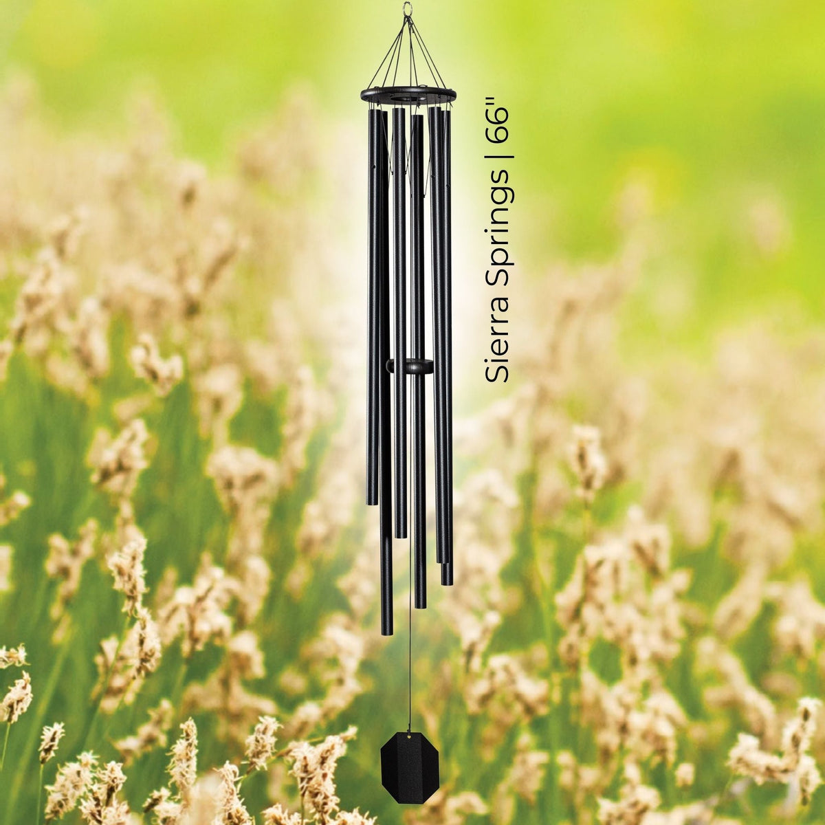 Black wind chime with 'Sierra Springs' branding against a blurred natural background