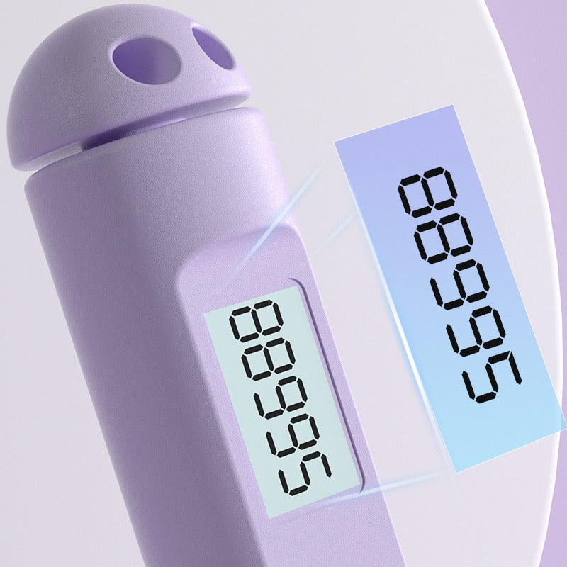 Purple digital thermometer with digital display on a light purple background