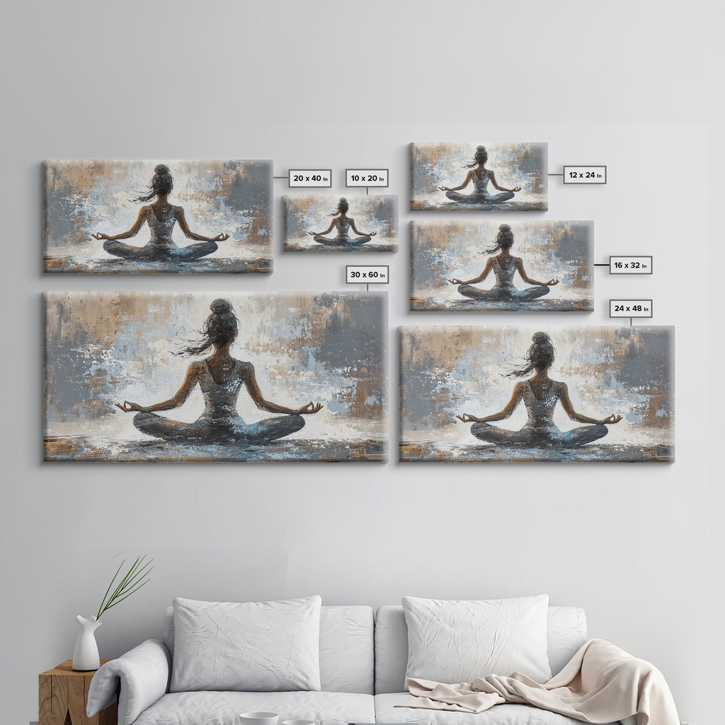 Set of six wall art prints of a woman in a meditative pose on a gray wall above a sofa.