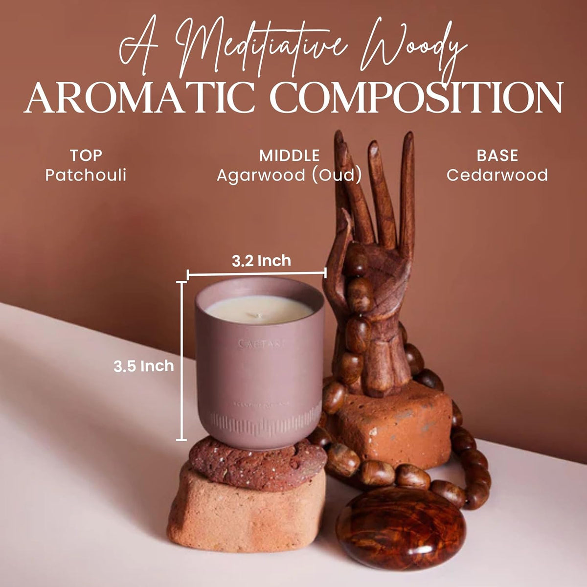Candle with wooden rabbit sculpture on a brown background, labeled with fragrance notes and dimensions.