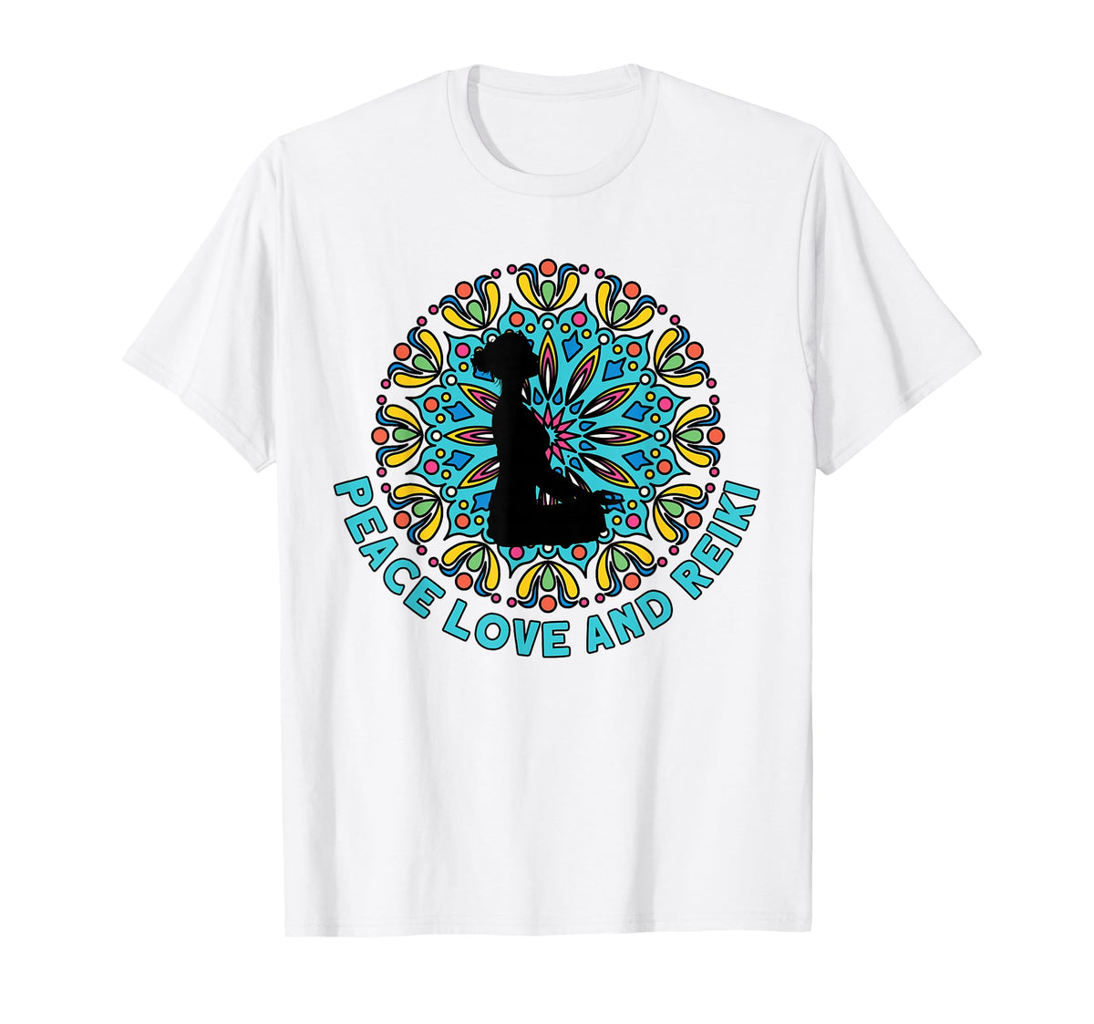 White t-shirt with a colorful mandala design featuring a silhouette of a dog, text 'Peace Love and Reiki', on a white background.